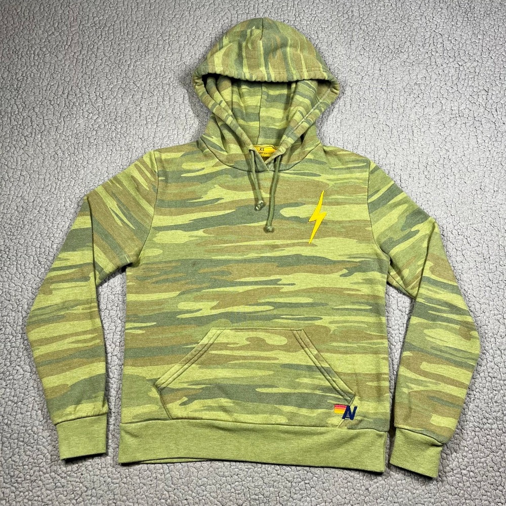 Aviator Nation Camo Hoodie Women's XS Lightning Bolt Green Camouflage Pullover